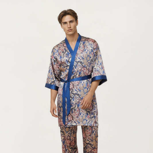 Men's 2-Piece Set Satin Robe and Pants with Paisley Print and Contrast Trim