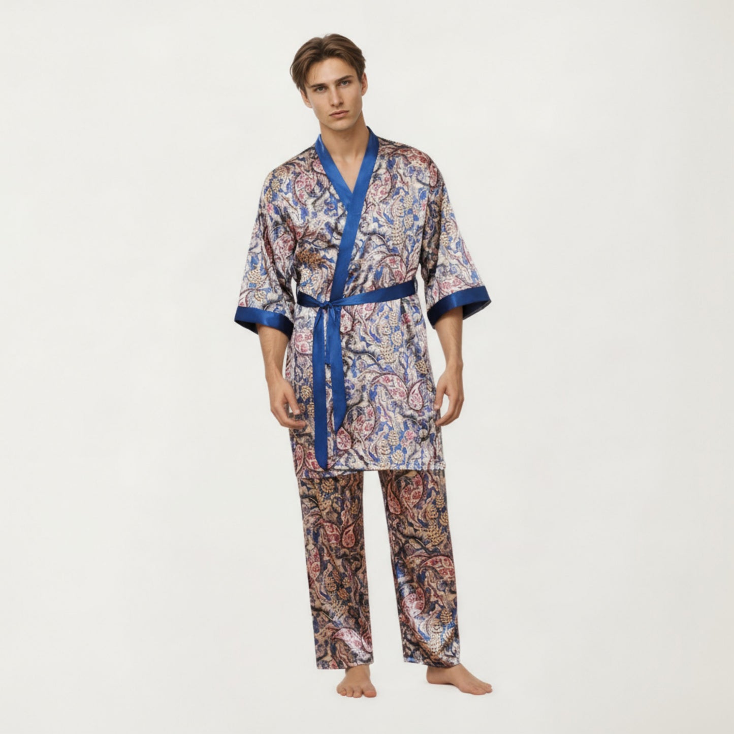 Men's 2-Piece Set Satin Robe and Pants with Paisley Print and Contrast Trim