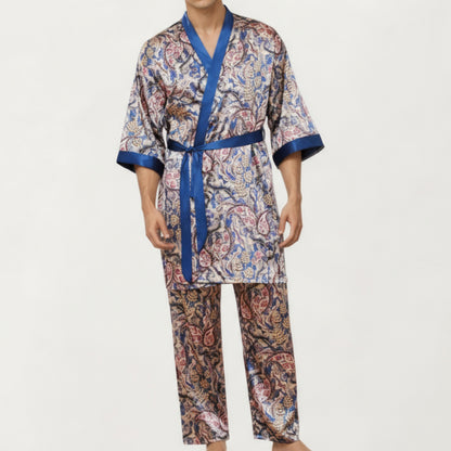 Men's 2-Piece Set Satin Robe and Pants with Paisley Print and Contrast Trim