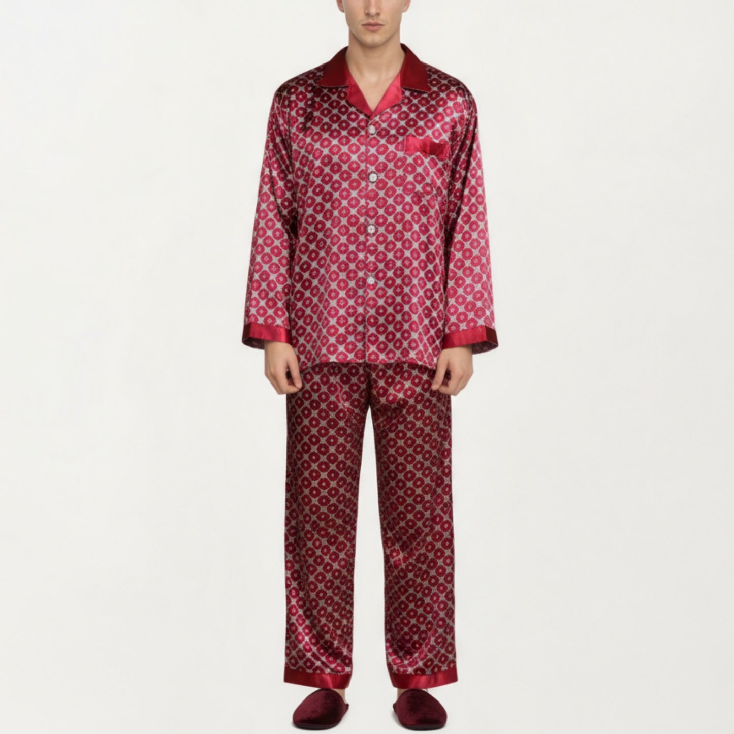 Men's 2-Piece Set Satin Pajamas with Geometric Print Contrast Collar and Button-Up Top
