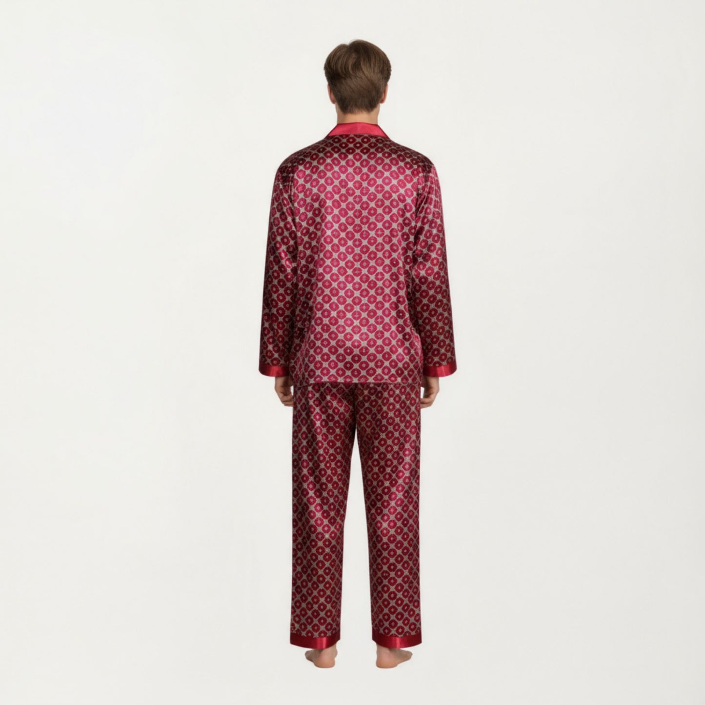 Men's 2-Piece Set Satin Pajamas with Geometric Print Contrast Collar and Button-Up Top