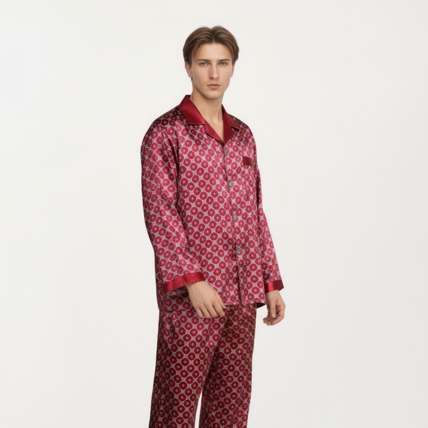 Men's 2-Piece Set Satin Pajamas with Geometric Print Contrast Collar and Button-Up Top