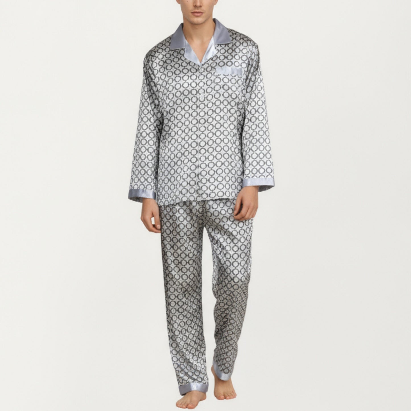 Men's 2-Piece Set Satin Pajamas with Geometric Print Contrast Collar and Button-Up Top