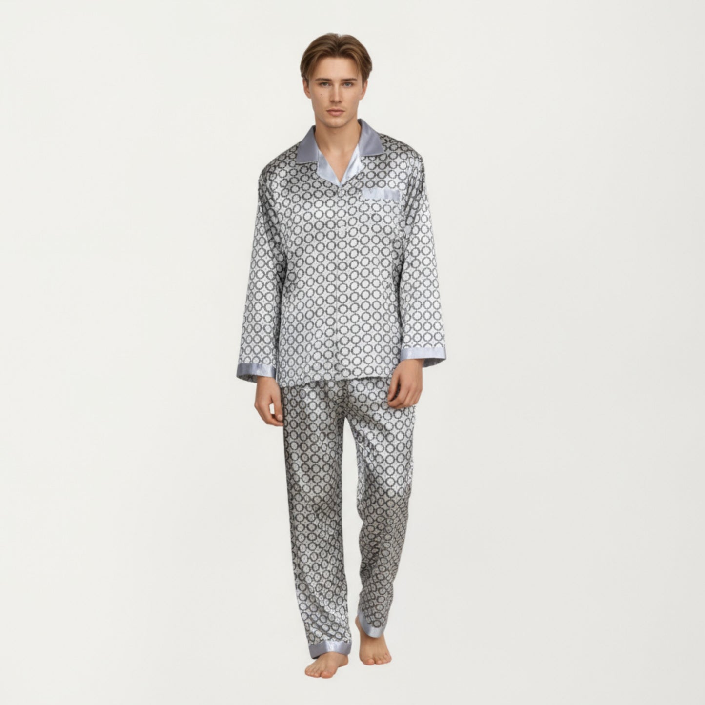 Men's 2-Piece Set Satin Pajamas with Geometric Print Contrast Collar and Button-Up Top