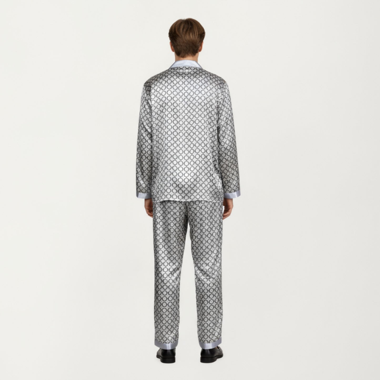 Men's 2-Piece Set Satin Pajamas with Geometric Print Contrast Collar and Button-Up Top