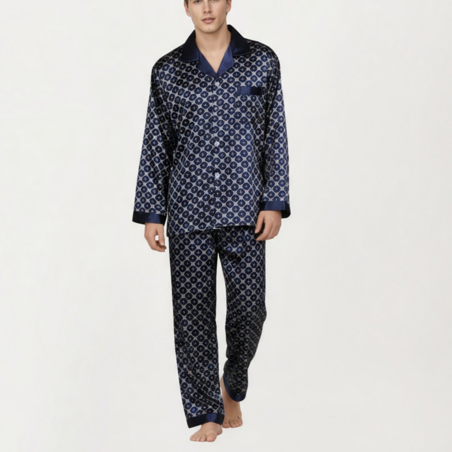 Men's 2-Piece Set Satin Pajamas with Geometric Print Contrast Collar and Button-Up Top