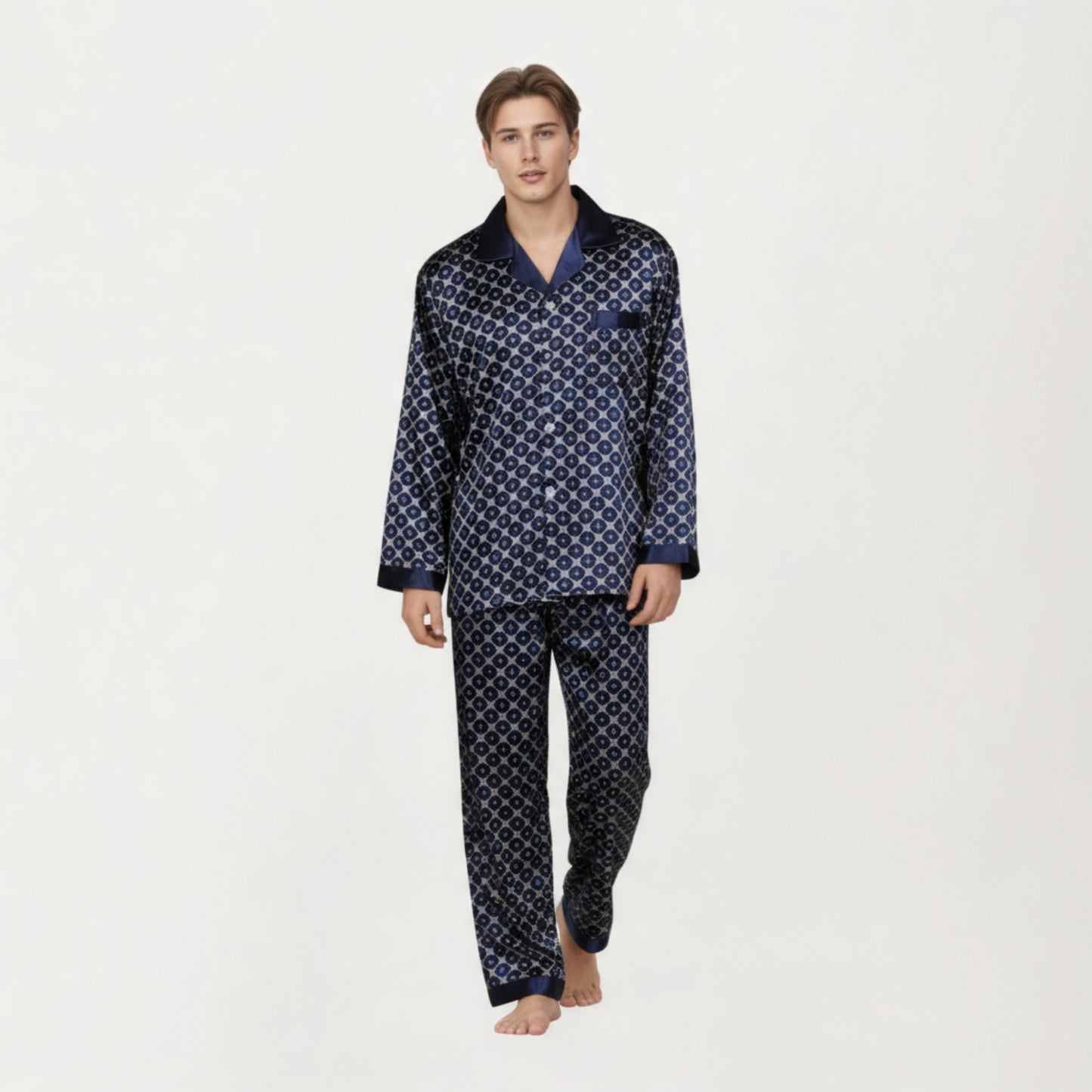 Men's 2-Piece Set Satin Pajamas with Geometric Print Contrast Collar and Button-Up Top