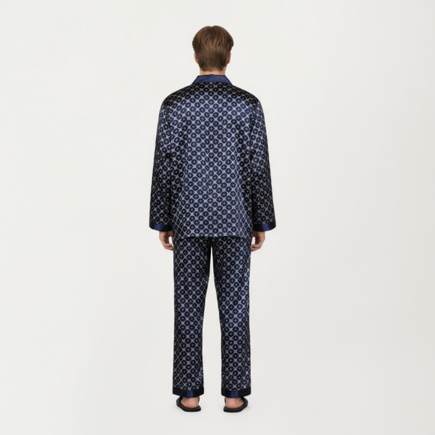 Men's 2-Piece Set Satin Pajamas with Geometric Print Contrast Collar and Button-Up Top