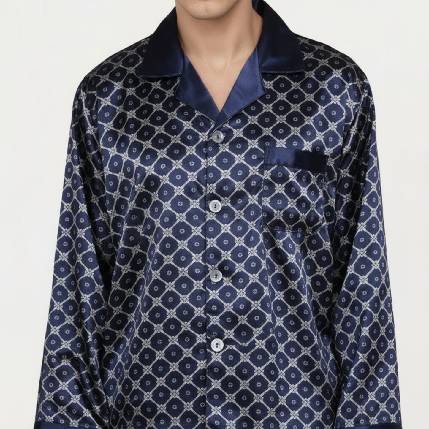 Men's 2-Piece Set Satin Pajamas with Geometric Print Contrast Collar and Button-Up Top