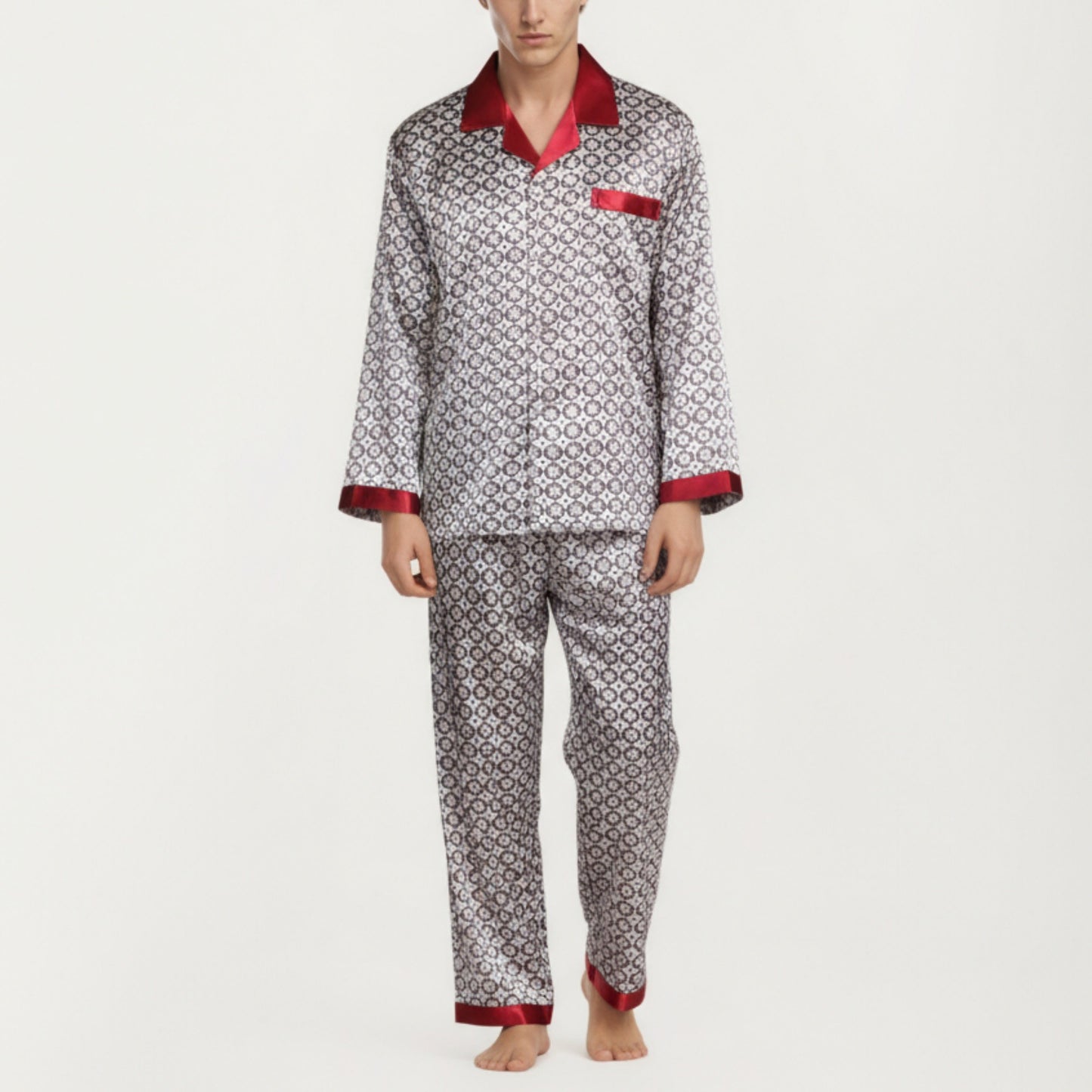 Men's 2-Piece Set Satin Pajamas with Geometric Print Contrast Collar and Button-Up Top