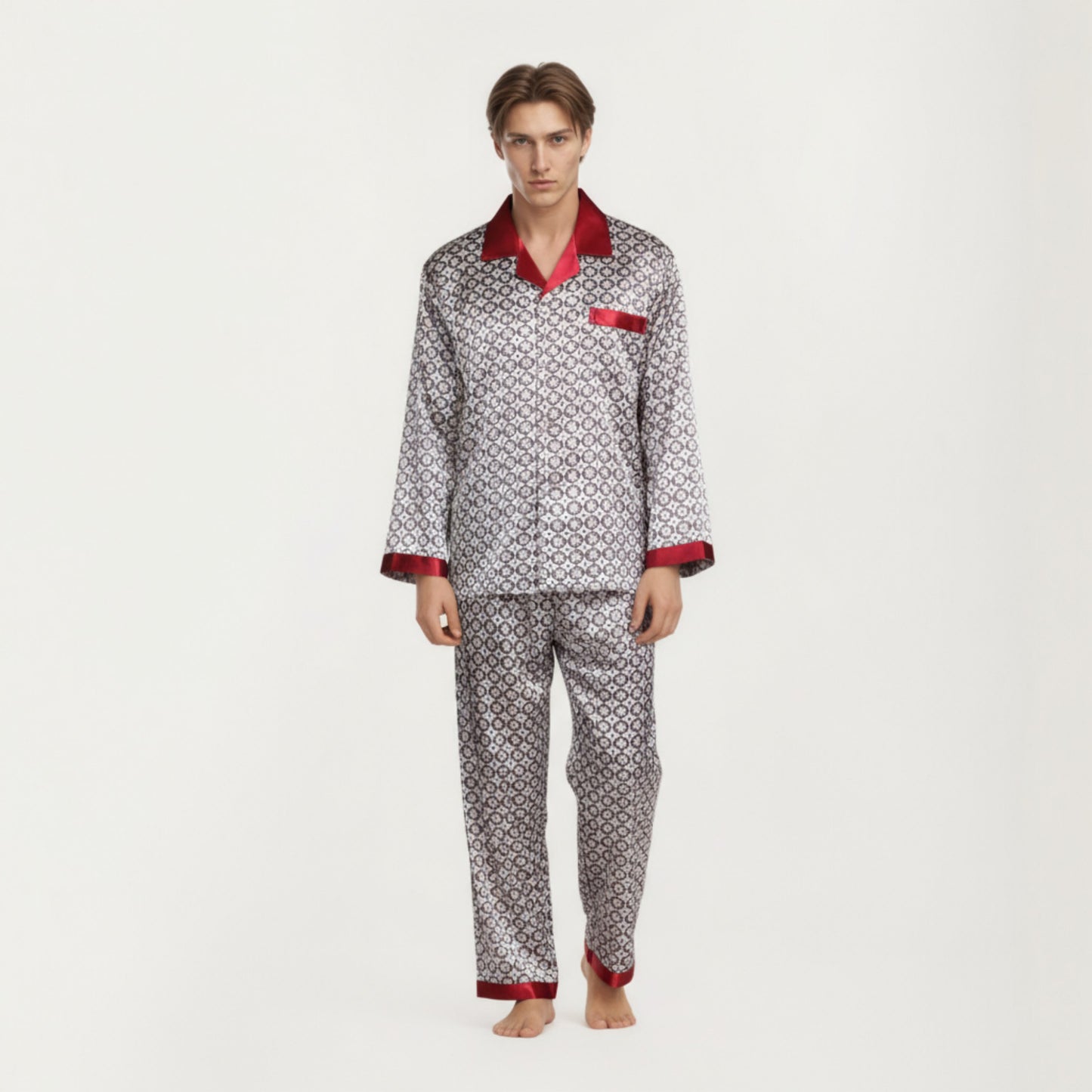 Men's 2-Piece Set Satin Pajamas with Geometric Print Contrast Collar and Button-Up Top