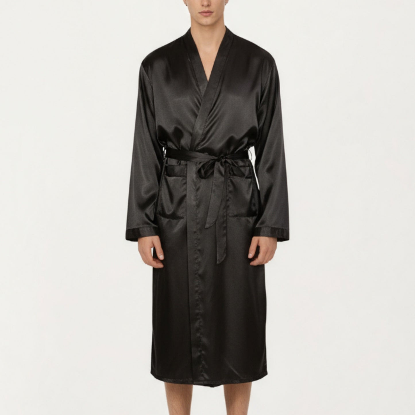 Men's Satin Robe with Waist Tie Belt and Front Pockets