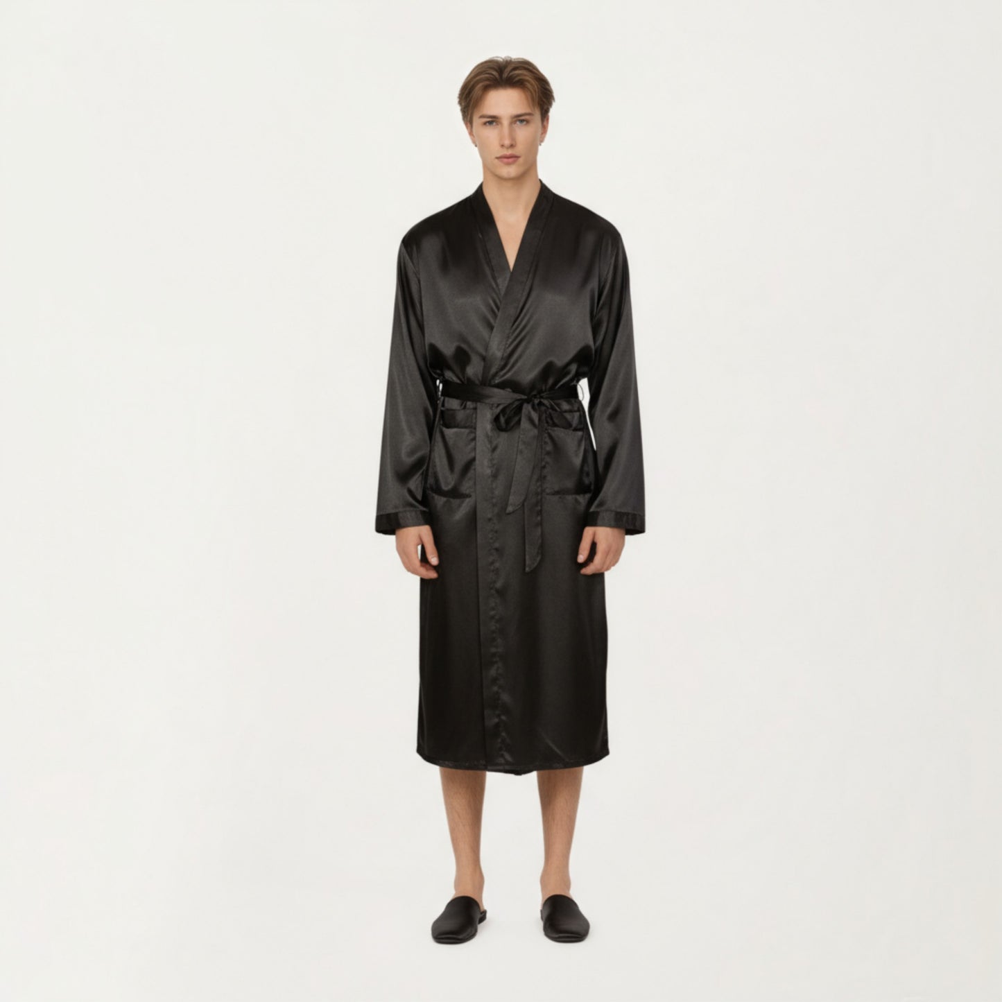 Men's Satin Robe with Waist Tie Belt and Front Pockets