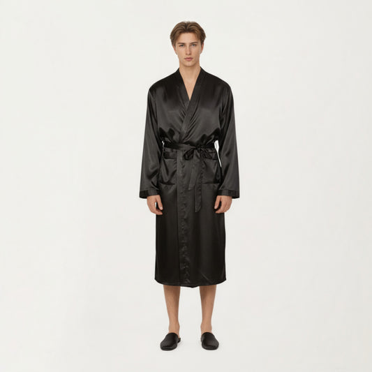 Men's Satin Robe with Waist Tie Belt and Front Pockets