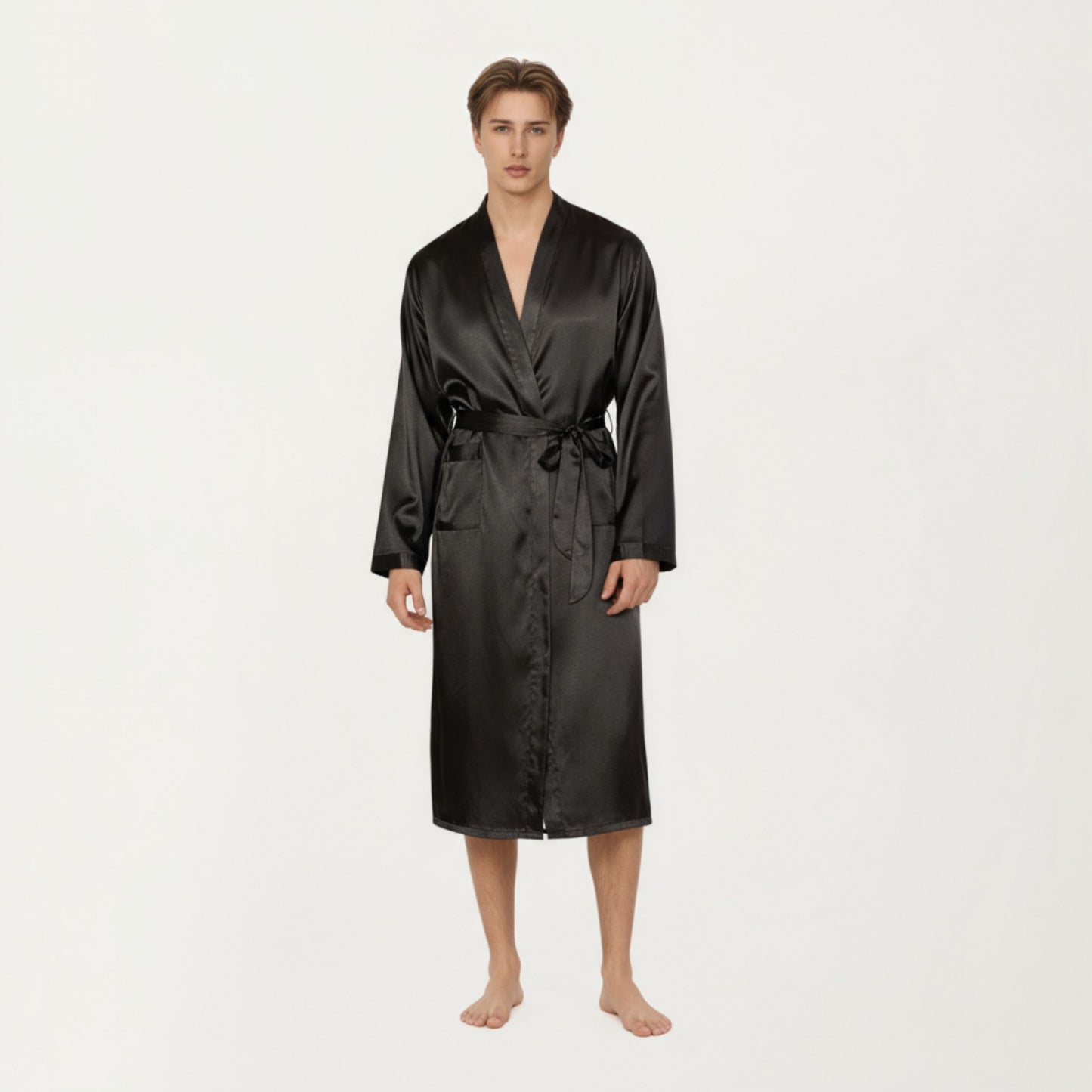 Men's Satin Robe with Waist Tie Belt and Front Pockets