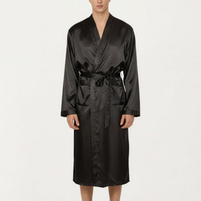 Men's Satin Robe with Waist Tie Belt and Front Pockets