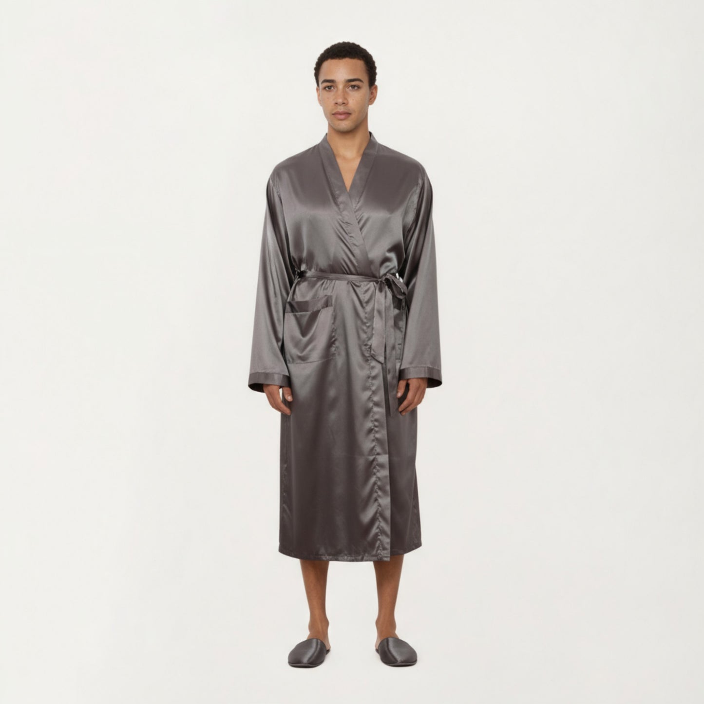 Men's Satin Robe with Waist Tie Belt and Front Pockets
