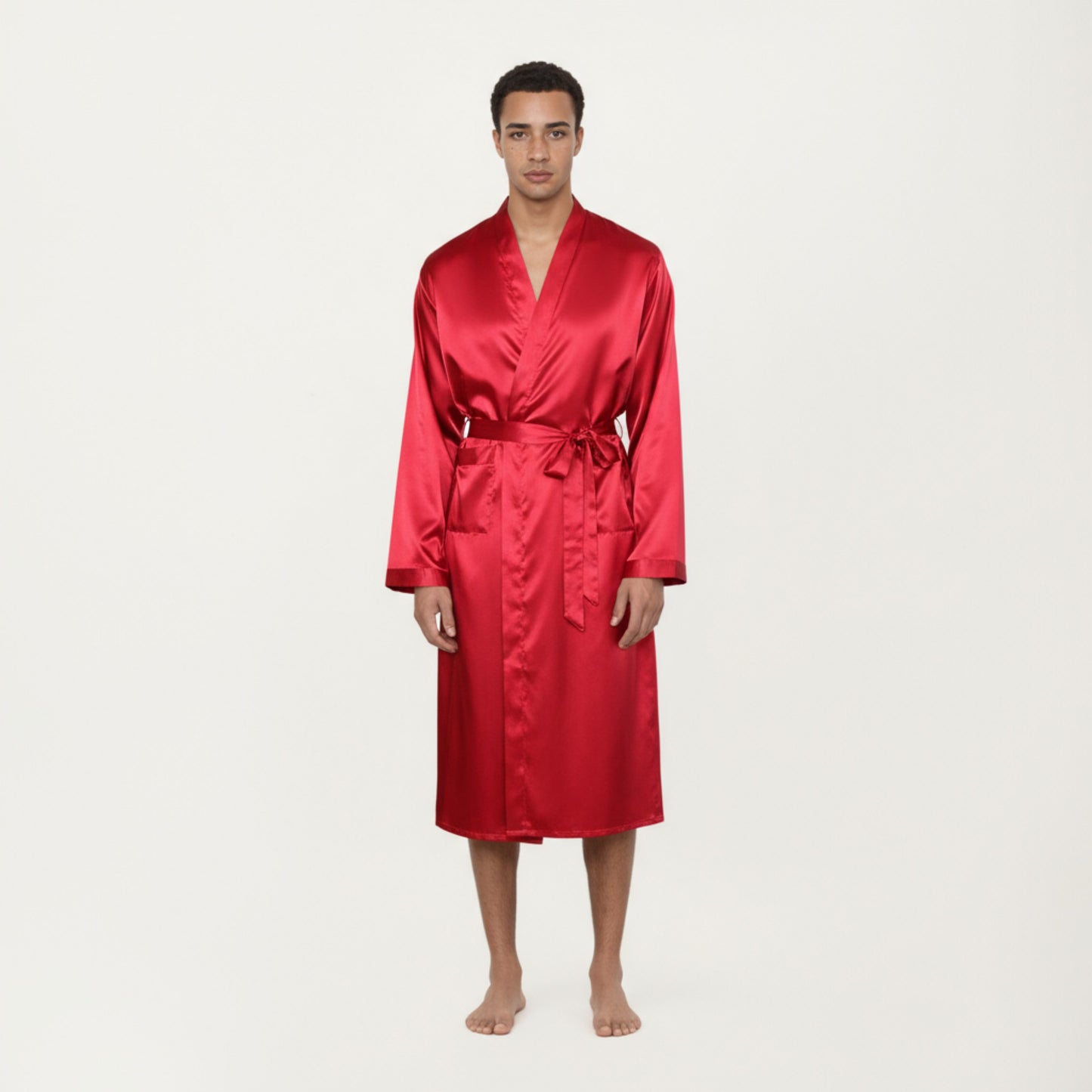 Men's Satin Robe with Waist Tie Belt and Front Pockets