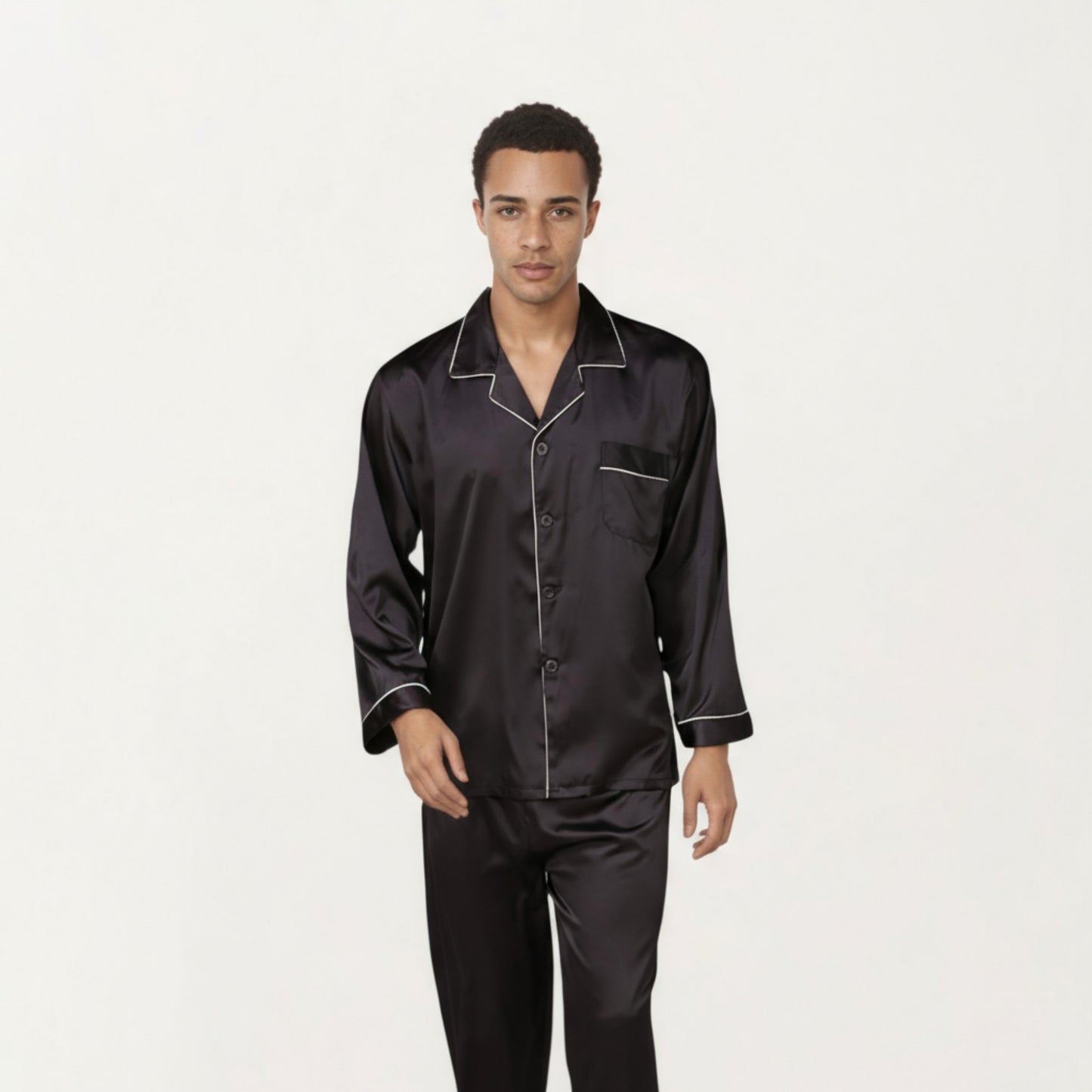 Men's 2-Piece Set Satin Pajamas with Contrast Piping and Button-Up Top