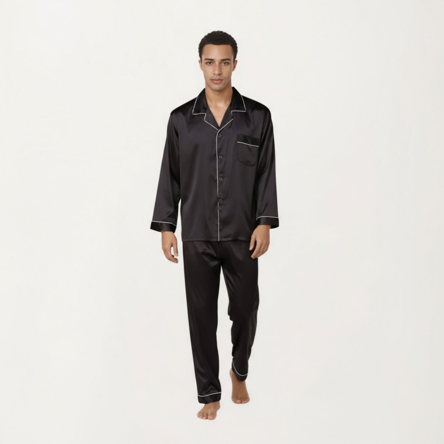 Men's 2-Piece Set Satin Pajamas with Contrast Piping and Button-Up Top