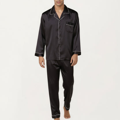 Men's 2-Piece Set Satin Pajamas with Contrast Piping and Button-Up Top