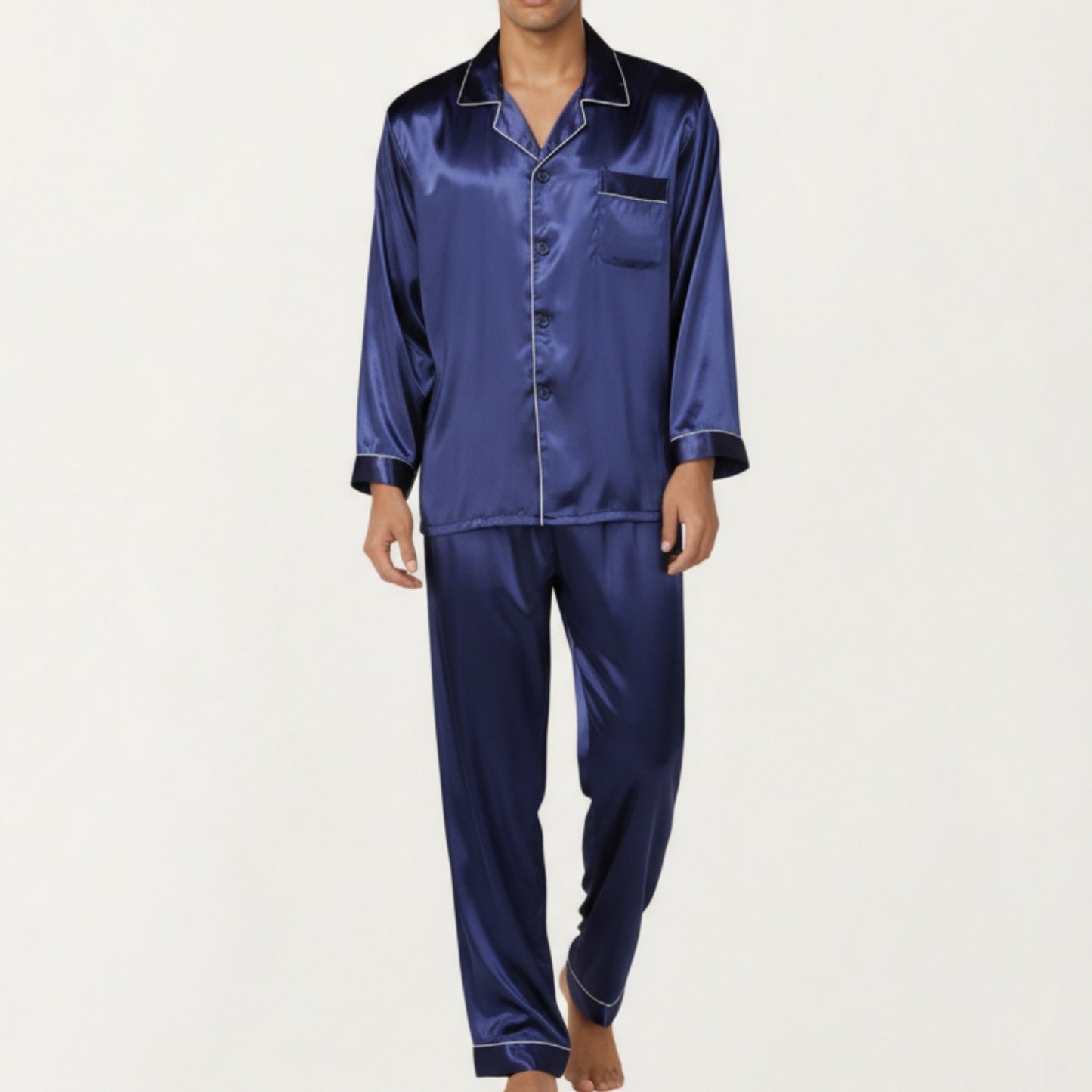 Men's 2-Piece Set Satin Pajamas with Contrast Piping and Button-Up Top