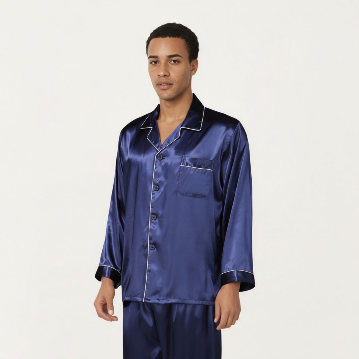 Men's 2-Piece Set Satin Pajamas with Contrast Piping and Button-Up Top