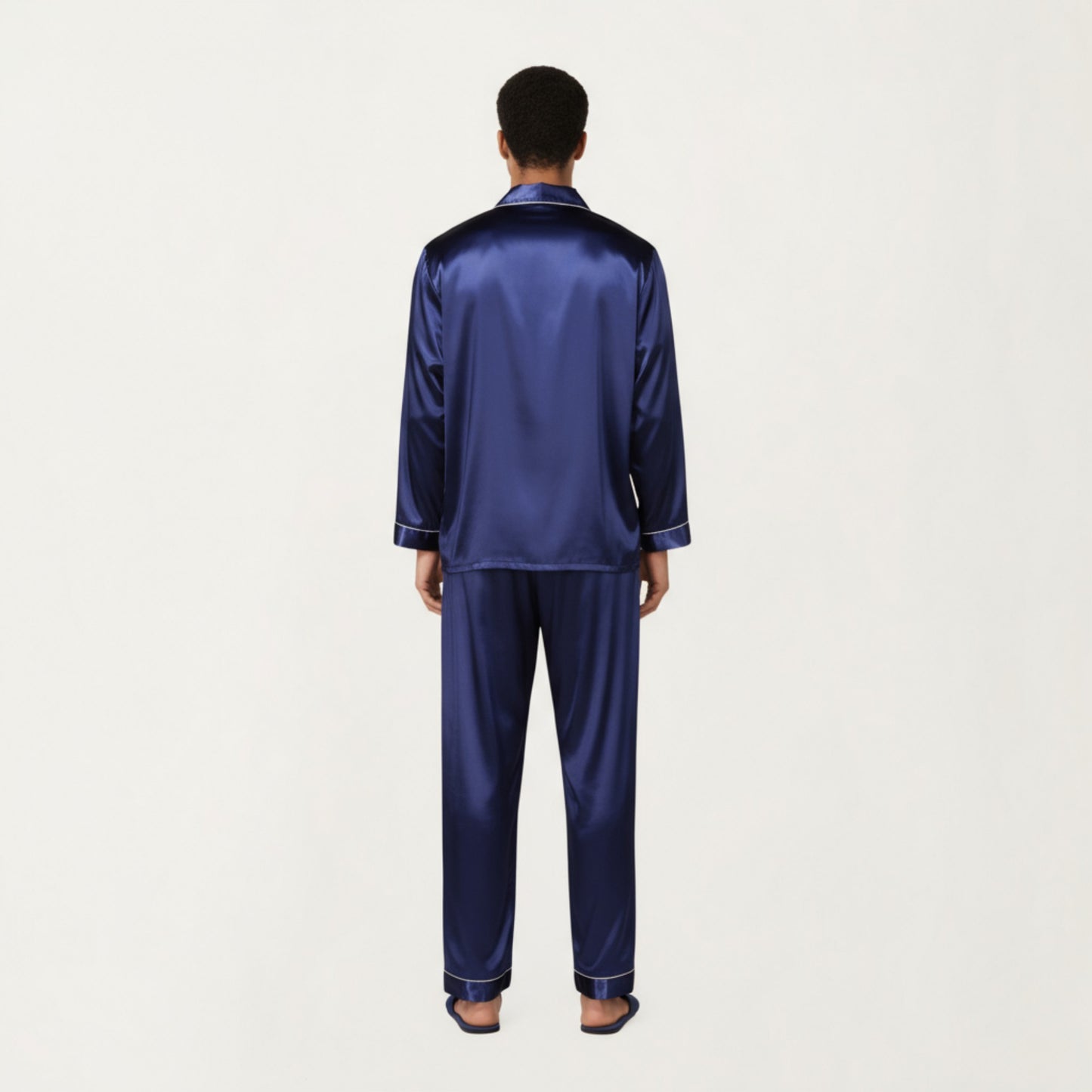 Men's 2-Piece Set Satin Pajamas with Contrast Piping and Button-Up Top