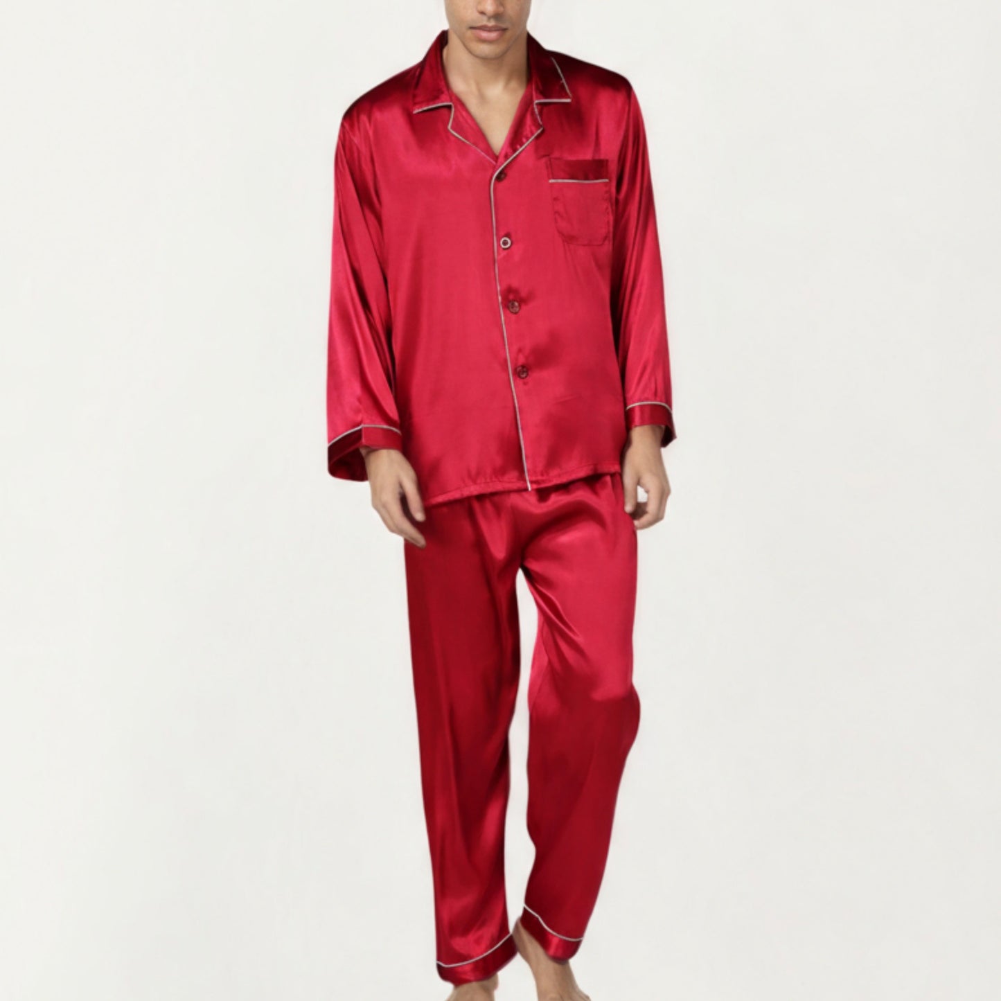 Men's 2-Piece Set Satin Pajamas with Contrast Piping and Button-Up Top
