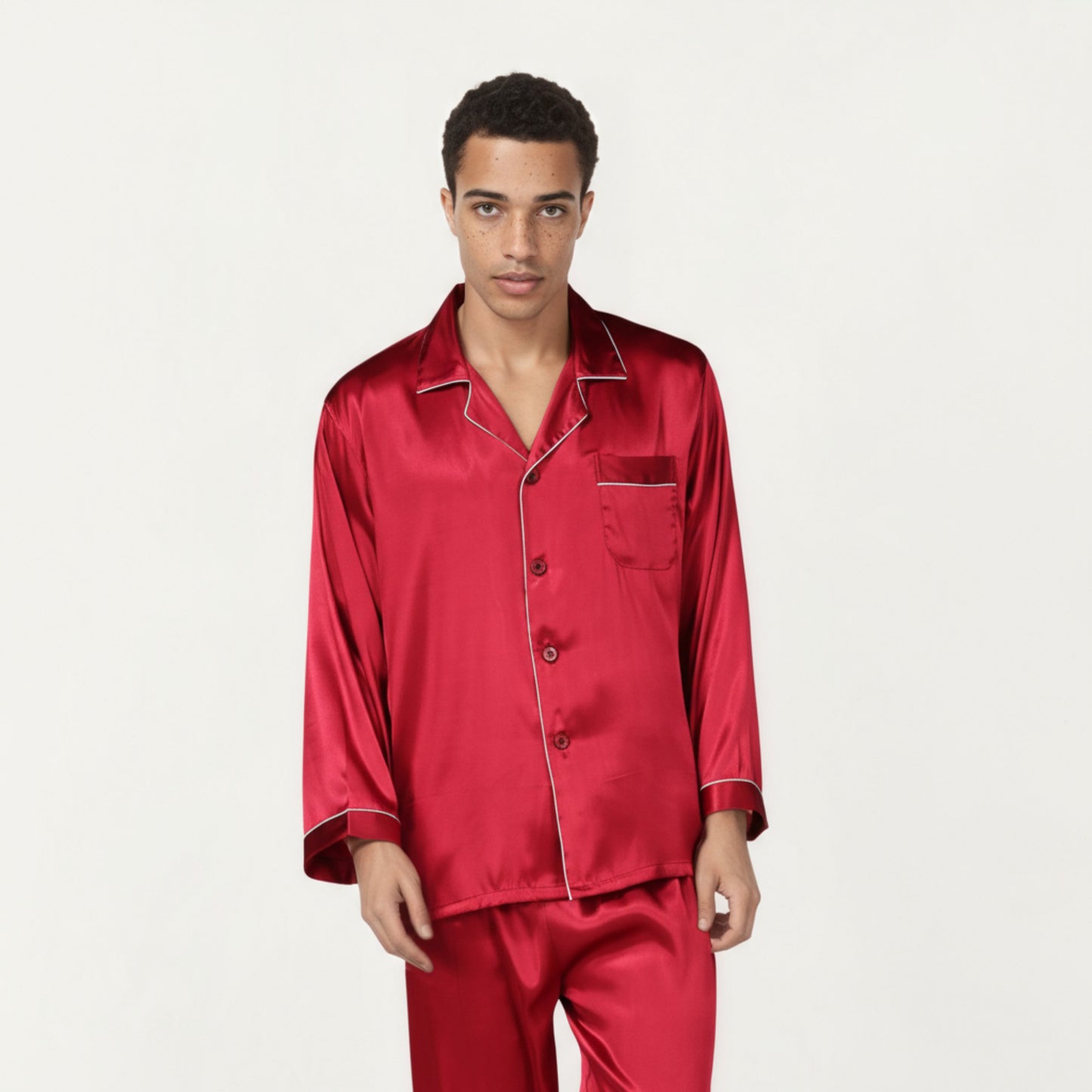 Men's 2-Piece Set Satin Pajamas with Contrast Piping and Button-Up Top