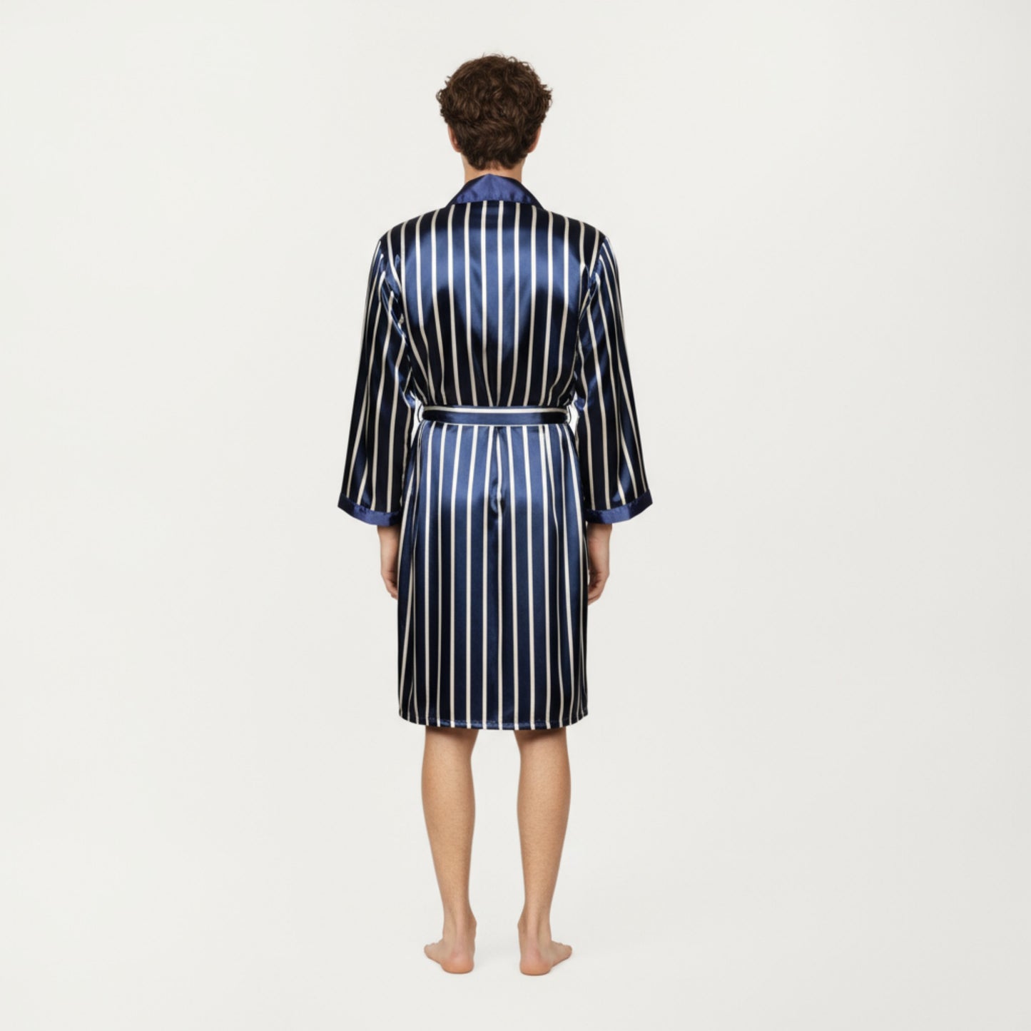 Men's Satin Robe with Geometric Print Contrast Shawl Collar and Waist Tie