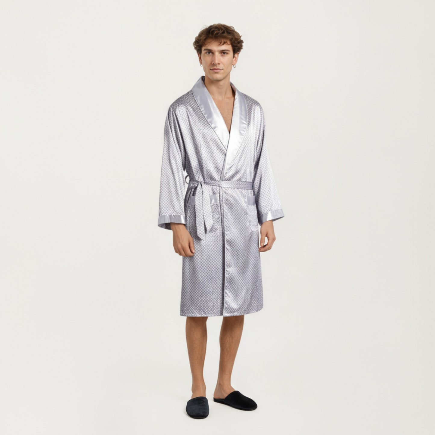 Men's Satin Robe with Geometric Print Contrast Shawl Collar and Waist Tie