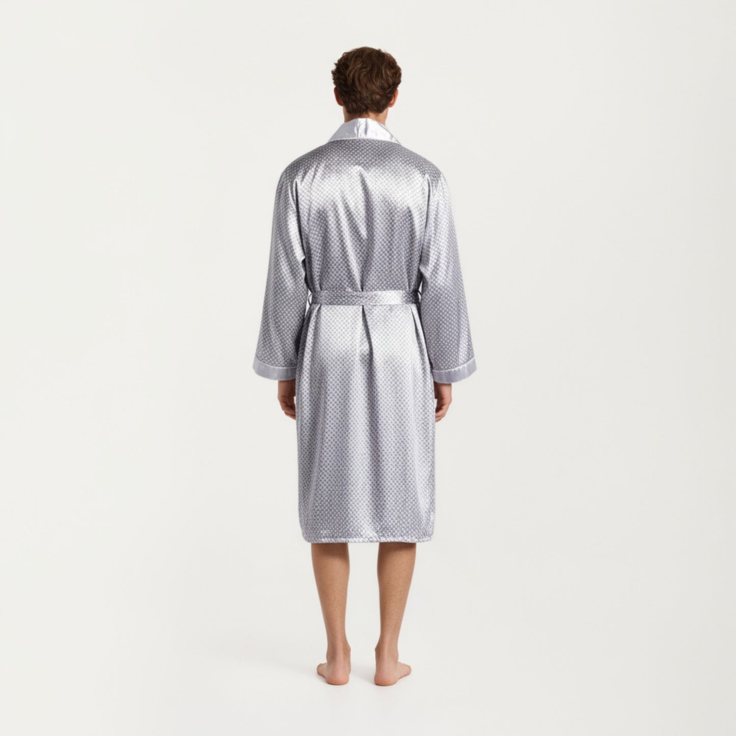 Men's Satin Robe with Geometric Print Contrast Shawl Collar and Waist Tie
