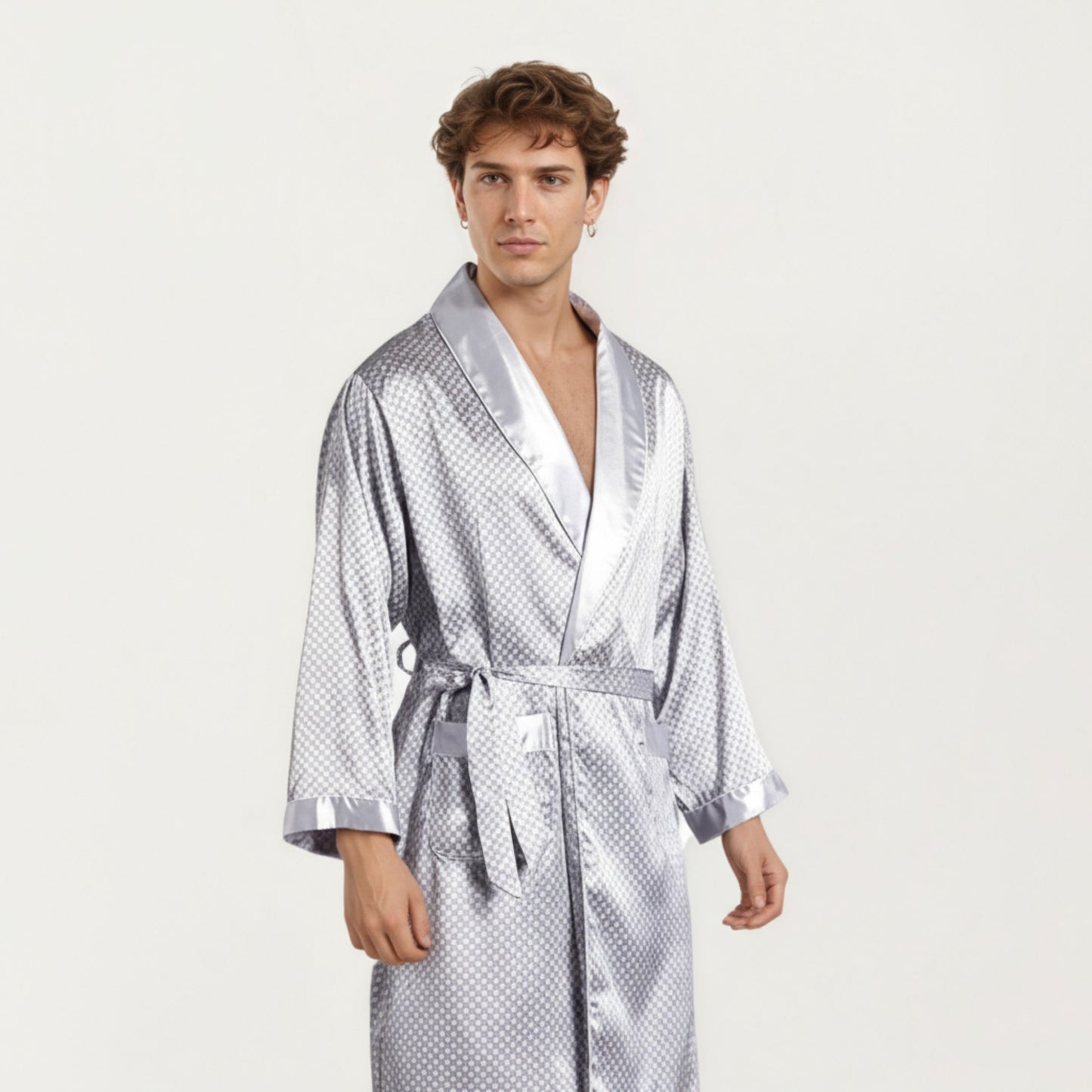 Men's Satin Robe with Geometric Print Contrast Shawl Collar and Waist Tie