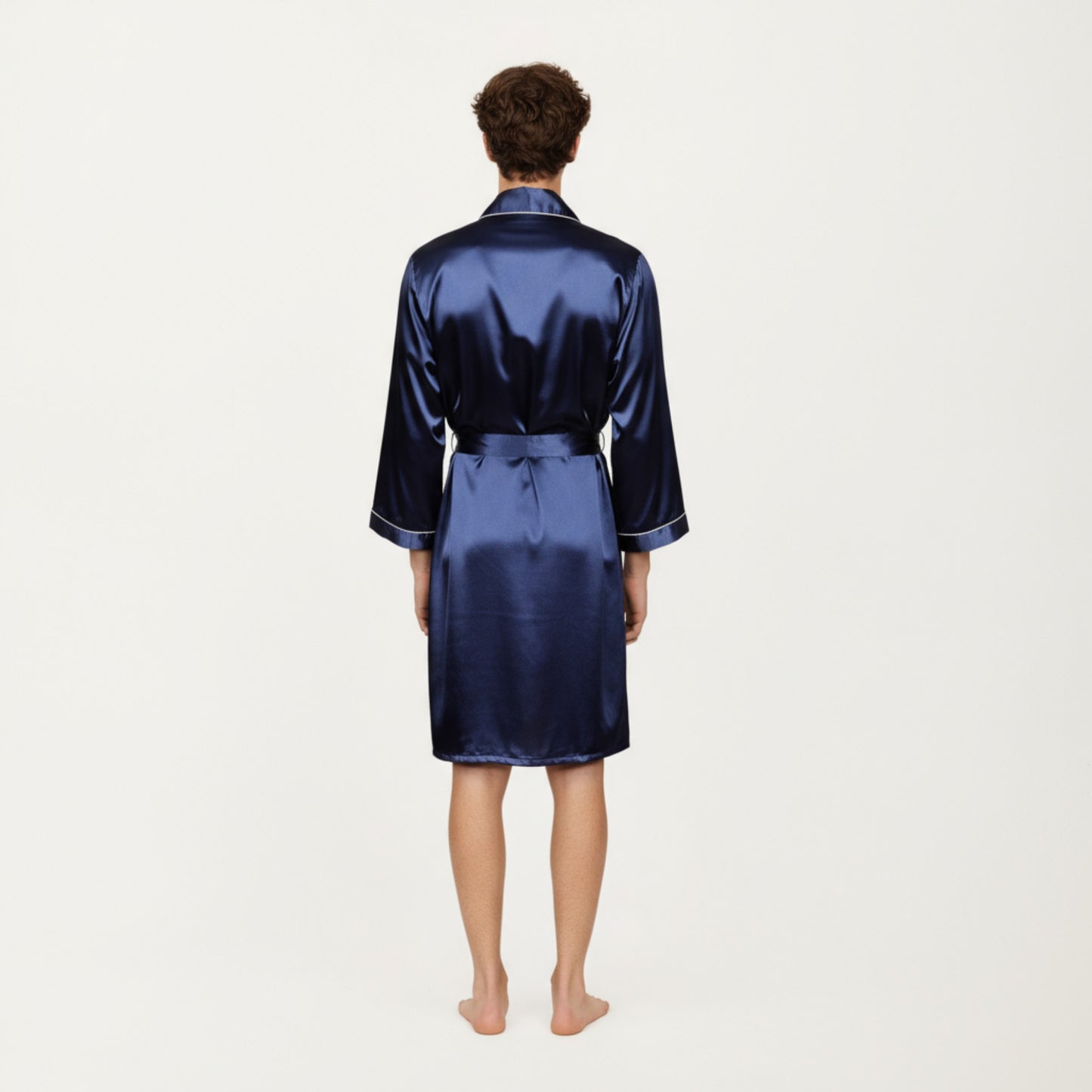 Men's Satin Robe with Geometric Print Contrast Shawl Collar and Waist Tie