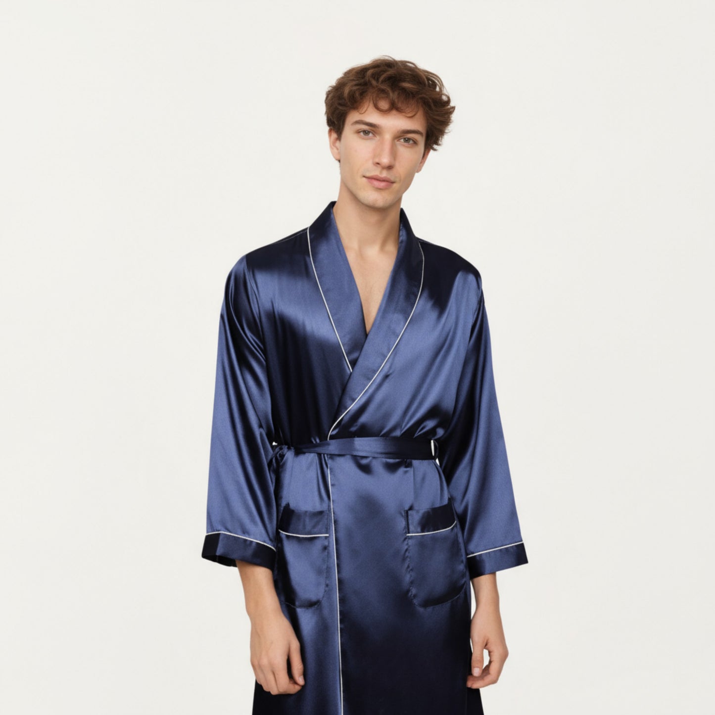 Men's Satin Robe with Geometric Print Contrast Shawl Collar and Waist Tie
