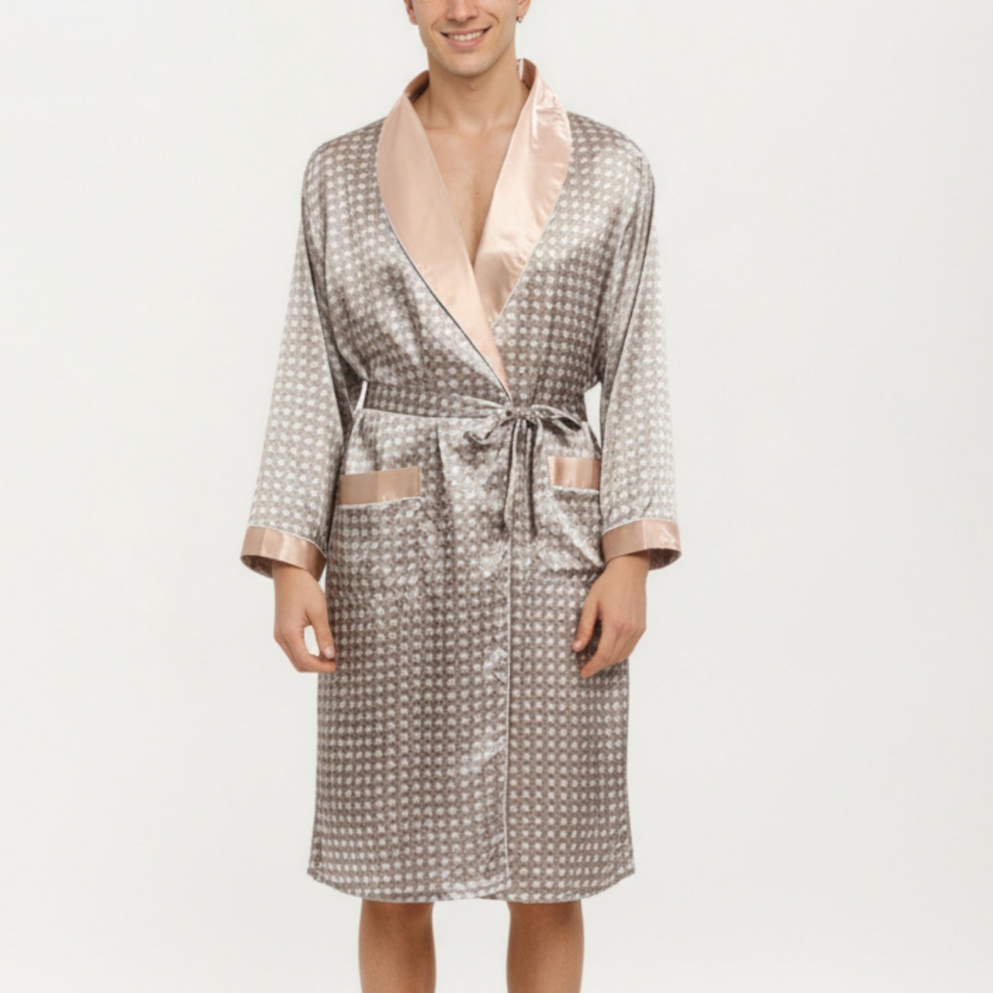 Men's Satin Robe with Geometric Print Contrast Shawl Collar and Waist Tie