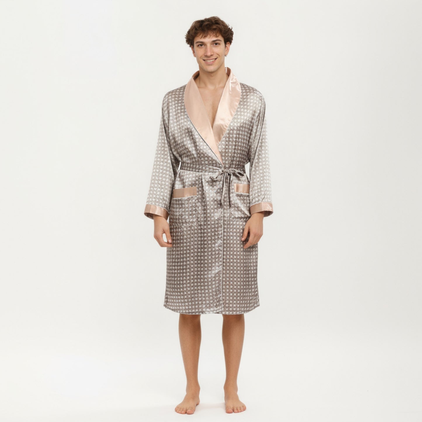Men's Satin Robe with Geometric Print Contrast Shawl Collar and Waist Tie