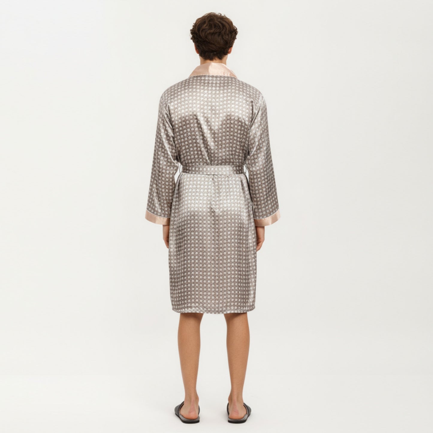 Men's Satin Robe with Geometric Print Contrast Shawl Collar and Waist Tie