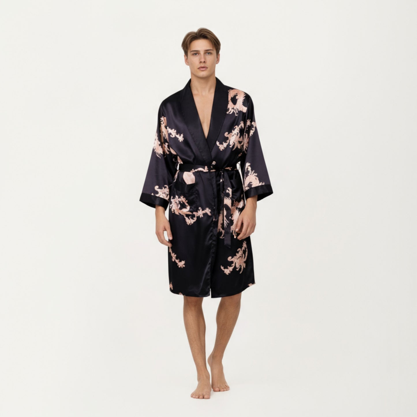 Men's Satin Robe with Baroque Print Shawl Collar and Waist Tie