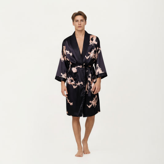 Men's Satin Robe with Baroque Print Shawl Collar and Waist Tie