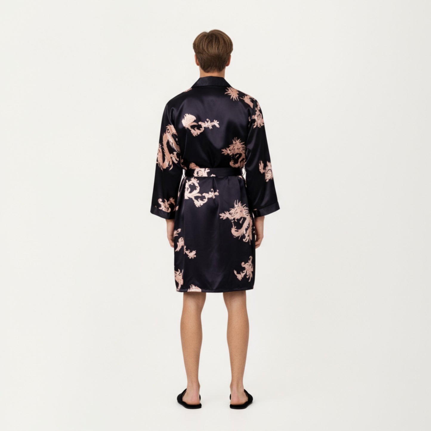 Men's Satin Robe with Baroque Print Shawl Collar and Waist Tie