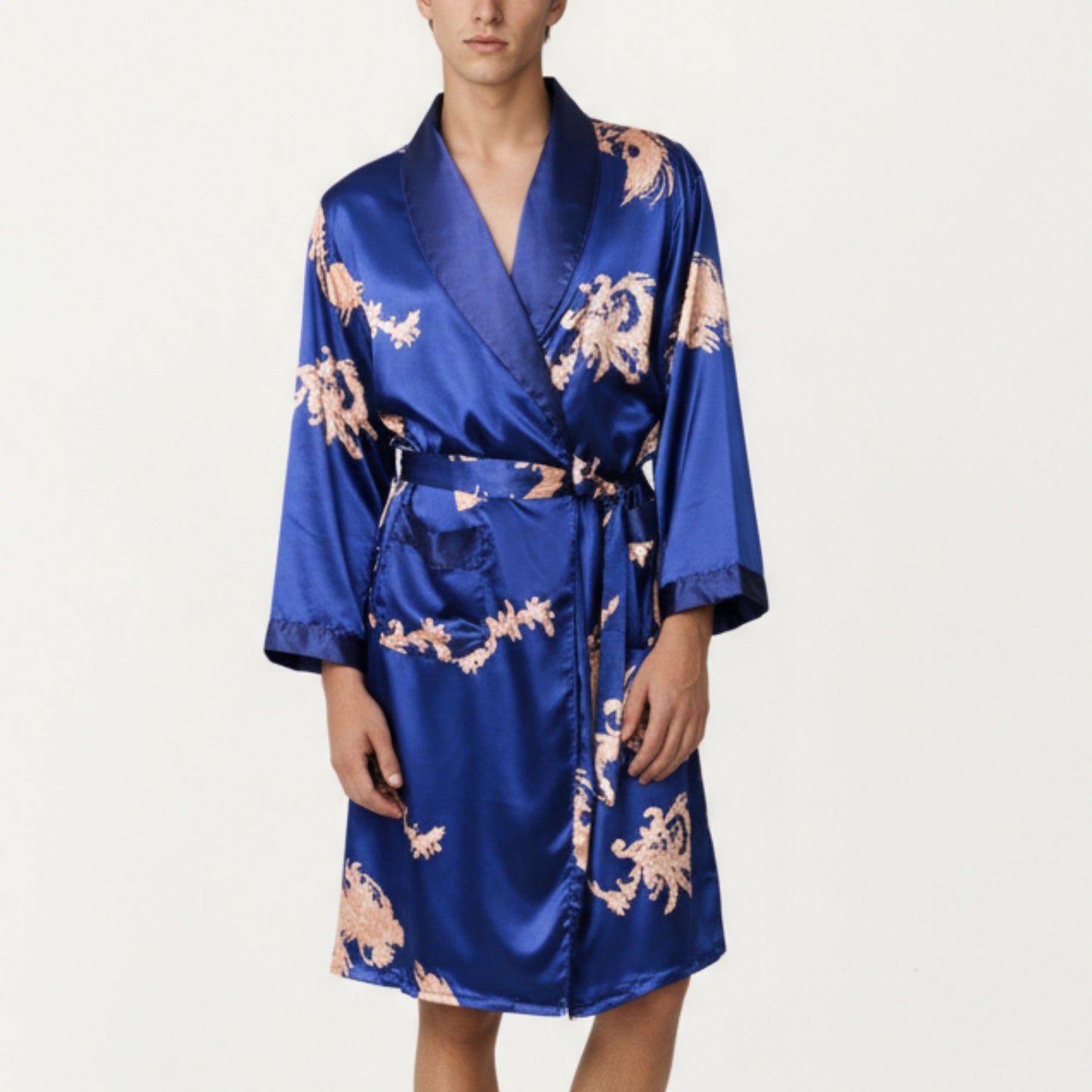 Men's Satin Robe with Baroque Print Shawl Collar and Waist Tie