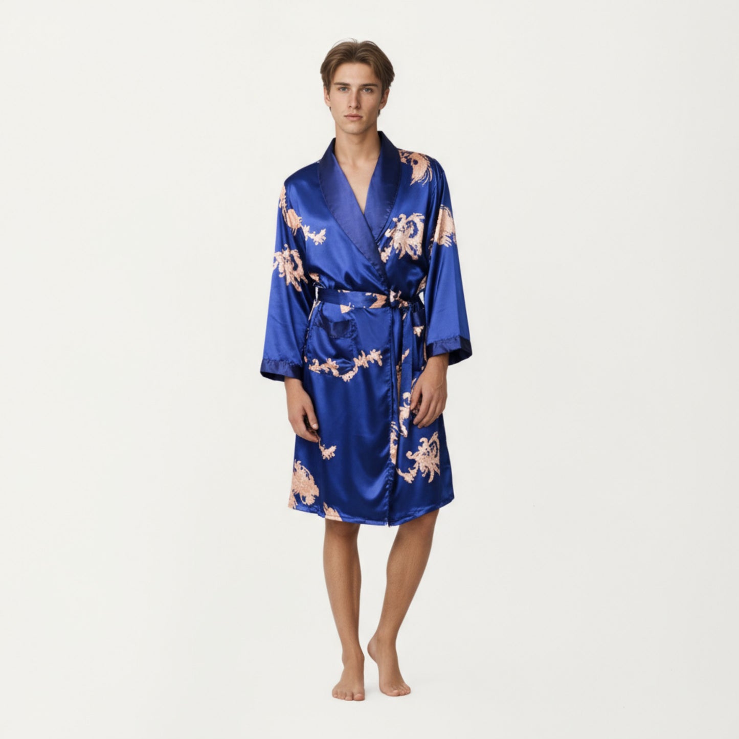 Men's Satin Robe with Baroque Print Shawl Collar and Waist Tie