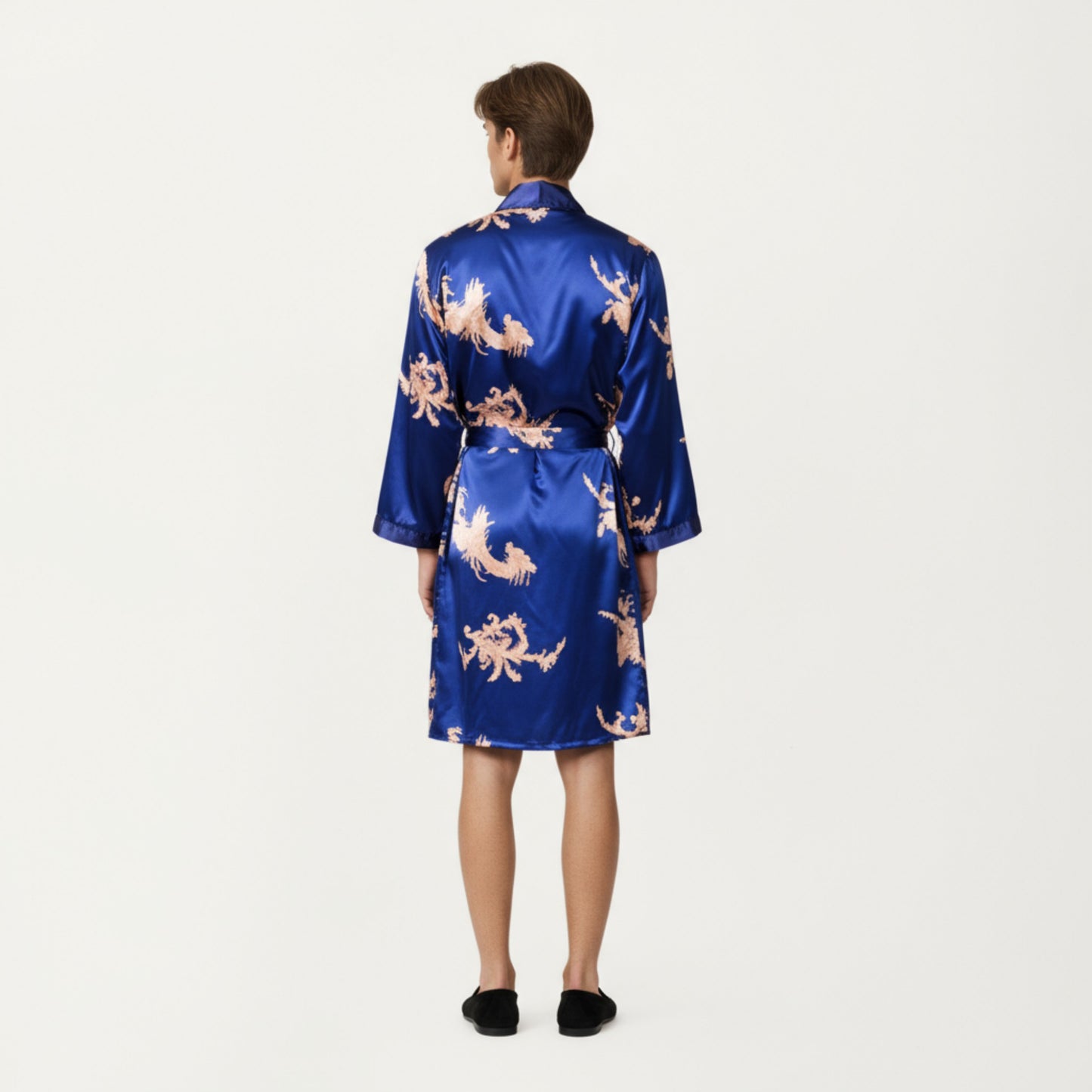 Men's Satin Robe with Baroque Print Shawl Collar and Waist Tie