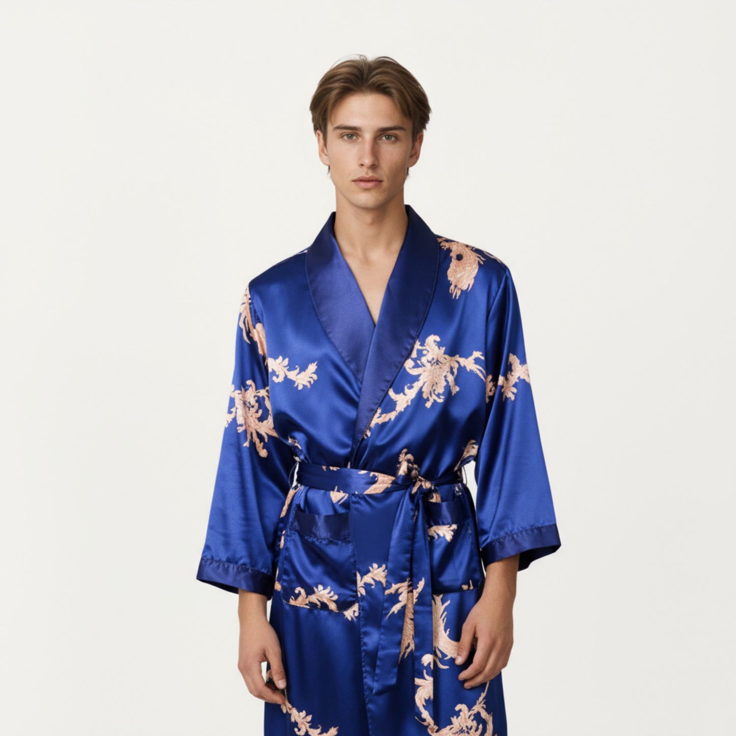 Men's Satin Robe with Baroque Print Shawl Collar and Waist Tie