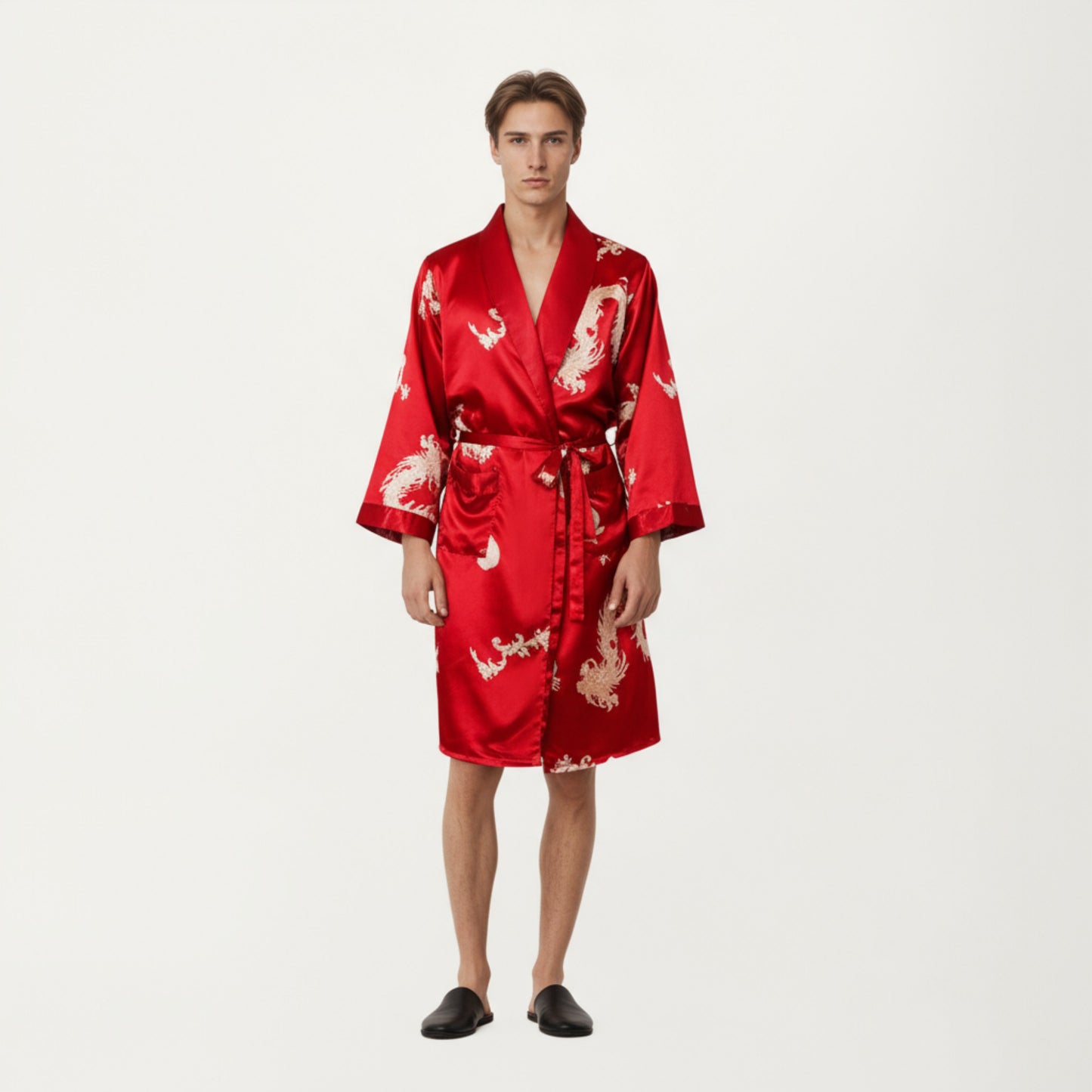Men's Satin Robe with Baroque Print Shawl Collar and Waist Tie