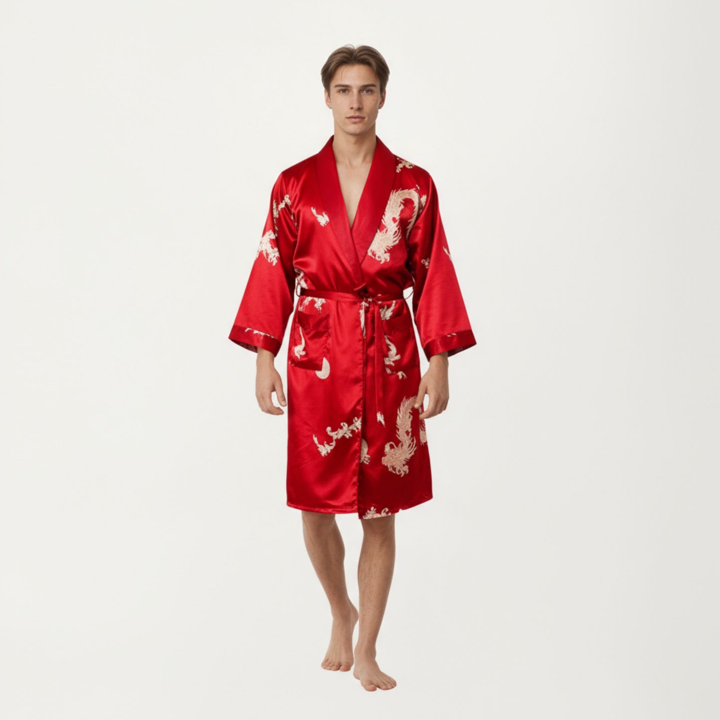 Men's Satin Robe with Baroque Print Shawl Collar and Waist Tie