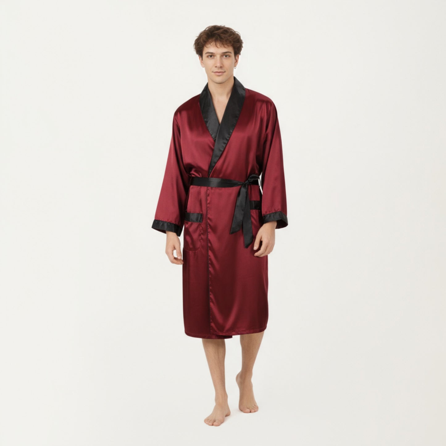 Men's Satin Robe with Contrast Shawl Collar Waist Tie and Front Pockets