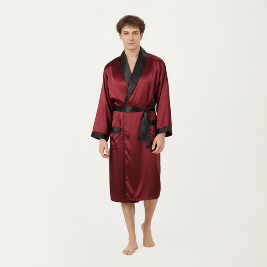 Men's Satin Robe with Contrast Shawl Collar Waist Tie and Front Pockets